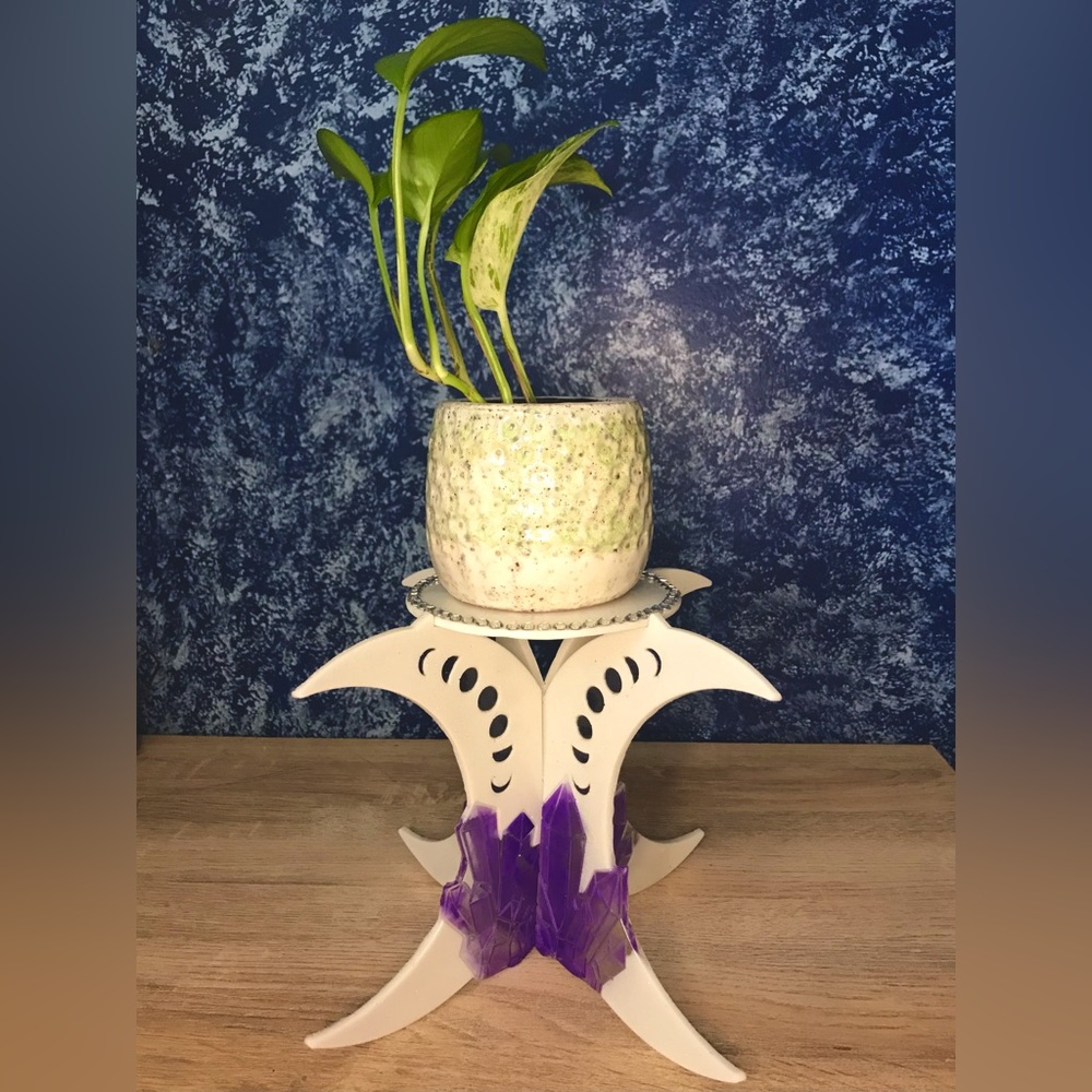 Handmade Display/ Plant Stand with Moon Phase and Crystal Design